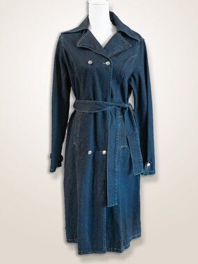 Vintage Y2k Denim Trench Coat Dark Wash Double Breast Blue Belted 70s Jacket